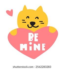 A funny cat holds a heart. Be mine. Valentine's Day design. Hand drawn illustration.