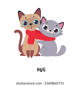 Funny Cat Hug Tied with Red Scarf as English Verb for Educational Activity Vector Illustration