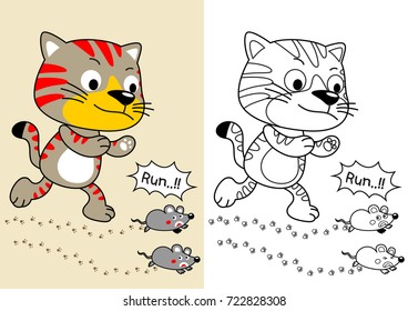 Funny cat hunting mice, vector cartoon illustration, coloring page or book