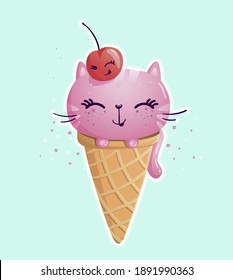 Funny cat ice cream cone illustration. Delicious food with kitten character and cherry on top. Girlish kitty desert t shirt design 