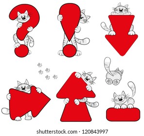 Funny cat and icons for web site. Vector cartoon illustration with pets.