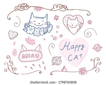 Funny cat illustration, line art, minimal style, vintage feel. With happy cat face, heart, cute ornaments.