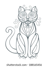Funny Cat. Illustration with cat, line art drawing. Portrait of cute cartoon cat. Hand drawn sketch. Isolated on white. Vector file is EPS8.
