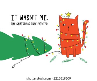 Funny cat illustration tangled in christmas lights and destroying the christmas tree. Holiday greeting card.