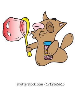 Funny cat inflates a large soap bubble .Vector children's design on a white isolated background