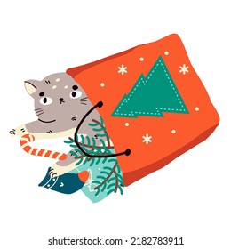 Funny cat inside bag with Christmas gifts. Cartoon animal for New Year celebration theme. Vector illustration for winter holidays cards, posters and etc