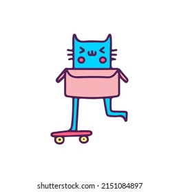 Funny cat inside the box riding skateboard, illustration for t-shirt, sticker, or apparel merchandise. With doodle, retro, and cartoon style.