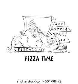 Funny cat isolated on white background. Fat cat sleeping in a box from under the pizza. Cute cat in the style of ink doodle hand-drawn. Vector illustration.
