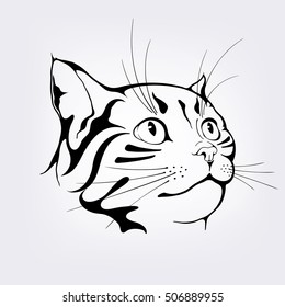 Funny cat isolated on white background. Black and white silhouette of an animal's head. Decorative graphic drawing. Hand drawn stylized sketch for tattoo or print. Vector illustration (eps10)