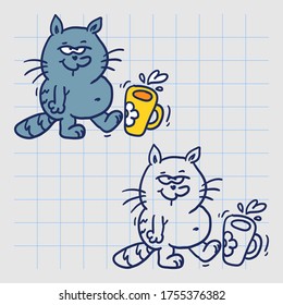 Funny cat kicks cup water with its paw. Hand drawn character. Vector illustration