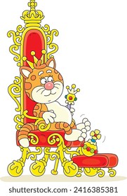 Funny cat king sitting on its golden throne in a royal palace of a fairytale kingdom, vector cartoon illustration isolated on a white background