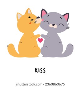 Funny Cat Kiss as English Verb for Educational Activity Vector Illustration