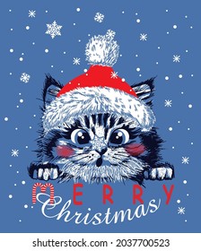 Funny cat kitten head look on snowflake. Christmas vector illustration.