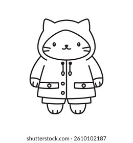Funny Cat Kitten Pet Animal Cartoon Character Wearing Jacket Coat Raincoat in Line Art Design