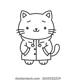 Funny Cat Kitten Pet Animal Cartoon Character Wearing Jacket Coat Raincoat in Line Art Design
