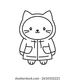 Funny Cat Kitten Pet Animal Cartoon Character Wearing Jacket Coat Raincoat in Line Art Design