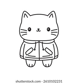 Funny Cat Kitten Pet Animal Cartoon Character Wearing Jacket Coat Raincoat in Line Art Design