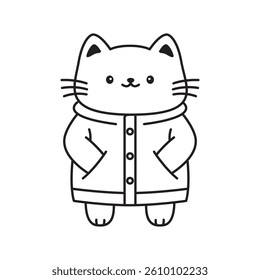 Funny Cat Kitten Pet Animal Cartoon Character Wearing Jacket Coat Raincoat in Line Art Design