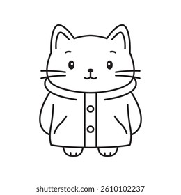 Funny Cat Kitten Pet Animal Cartoon Character Wearing Jacket Coat Raincoat in Line Art Design