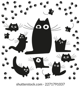 funny cat with kittens black silhouettes cartoon style