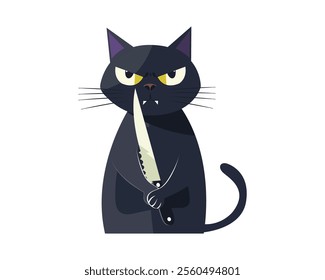 Funny cat with a knife. Cartoon character. Vector.