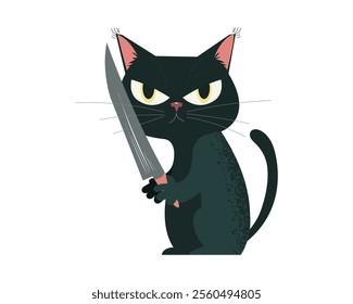 Funny cat with a knife. Cartoon character. Vector.