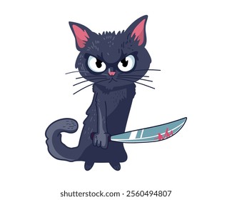 Funny cat with a knife. Cartoon character. Vector.