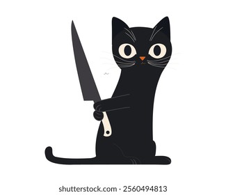 Funny cat with a knife. Cartoon character. Vector.