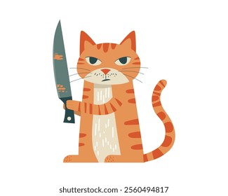 Funny cat with a knife. Cartoon character. Vector.