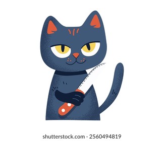 Funny cat with a knife. Cartoon character. Vector.