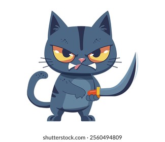 Funny cat with a knife. Cartoon Cat with Sword Pose for an Exciting Action Theme Illustration. Vector illustration