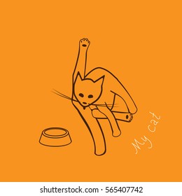 Funny cat licking. Contour the picture on an orange background.