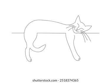 Funny cat lies with his eyes closed and smiles, his paws and tail hang down. Vector illustration in the style of a single line, isolated on a white background