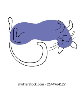 Сute funny cat lies on its back, painted in Very Peri color. Kitten in lilac, black and white colors. Doodle style vector illustration isolated on white background