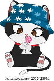 Funny cat with lollipop in hands chibi cat character illustration