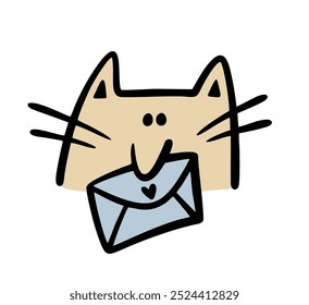 Funny cat with a long mustache holds an envelope with a love message in his mouth. Vector illustration of an animal courier from the delivery service brought  letter. Doodle cartoon pet helps the 