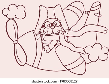 funny cat in a long scarf flies in the clouds on an airplane