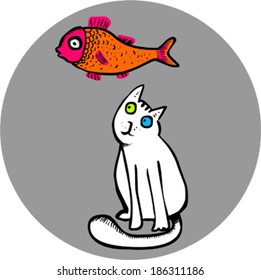 Funny cat looking at goldfish
