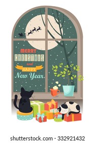 Funny cat looking out of the window behind Santa Claus. Vector isolated illustration