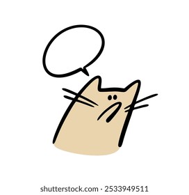 Funny cat looks displeased and says. Vector illustration of a kitten and text bubble from a comic. Isolated head of animal on white background.