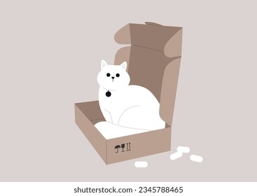 A funny cat lounging within a cardboard package, a delivery service scenario