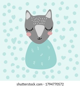 Funny cat Lovely Nursery Art in Scandinavian style design. Dreaming rabbit. Doodle Vector illustration