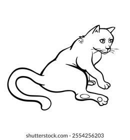 Funny cat is Lying on its side. Free hand Fat cute domestic pet illustration. Trendy doodle icon. Sketch style crooked vector.