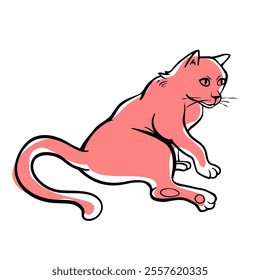 Funny cat is Lying on its side. Free hand Fat cute domestic pet illustration. Trendy doodle icon. Sketch style crooked vector.