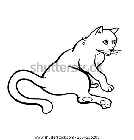 Funny cat is Lying on its side. Free hand Fat cute domestic pet illustration. Trendy doodle icon. Sketch style crooked vector.