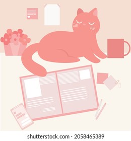 el gato gracioso miente en el lugar de trabajo. Una tabla con elementos de trabajo o estudio. Un libro abierto, una flor casera en una olla, un smartphone. Un lugar acogedor. Ilustración vectorial de corte