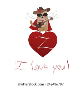Funny cat macho Valentine. Vector romantic greeting card