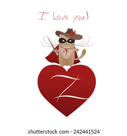 Funny cat macho Valentine. Vector romantic greeting card