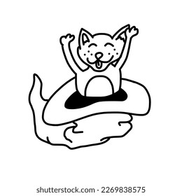 Funny cat in magic hat in outline doodle style. Vector illustration in cartoon hand drawn style isolated on white background