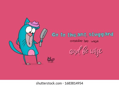 Funny cat with a magnifying glass looks at an ant. The wise sayings of Solomon.
